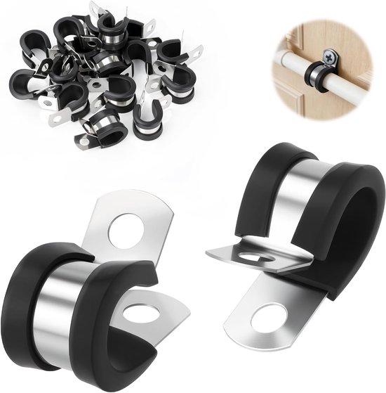 OLOEY 25 stuks buisklemmen met rubberen inzetstuk-30 mm-buisklemmen-buisklem-kabelklem-rubber-P-clips-kabelklemmen-metaal-P-klemmen-slangklemmen voor kabel-slang