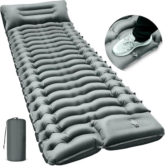 OLOEY Kampeerslaapmat-ultralichte kampeermat met ingebouwde voetpomp-compacte opblaasbare slaapmat voor kamperen-backpacken-wandelen en reizen-grijs