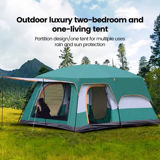 Omabeta Outdoorserie Twee-Kamers-Één-Zaal Gezinscampingtent met Waterdichte Dubbelwand – 460x305x200cm – 8-12 Personen – Donkergroen van Omabeta