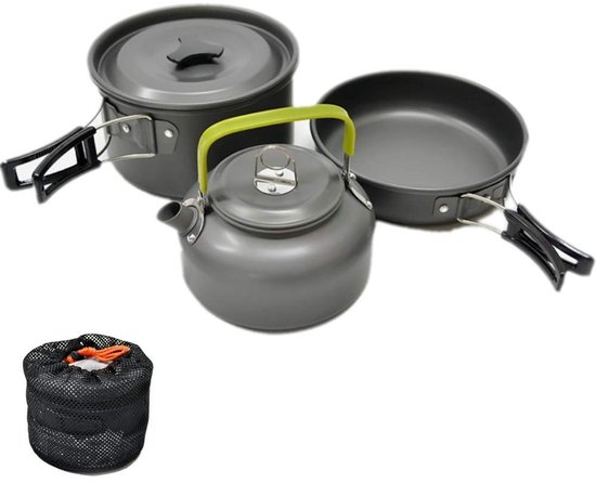 Omgoods- Kookgerei Opvouwbaar - Camping Pannenset - Steelpan - Theepot - Nylon Tas - Antislip Handvat - Kookset