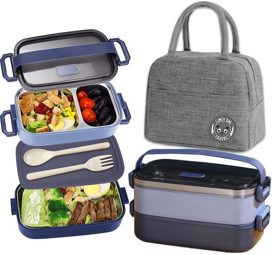 Omgoods - RVS Lunch Box met 2 Laag en Koeltas
