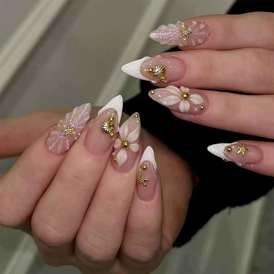 on Nails, Kunstmatige Nagels in Amandelvorm met 3D Bloemen & Schelpen, Luxe Fake Nails voor Bruiloft & Vakantie, Middelgrote, Elegante Manicure in Zomerlook, Set van 24