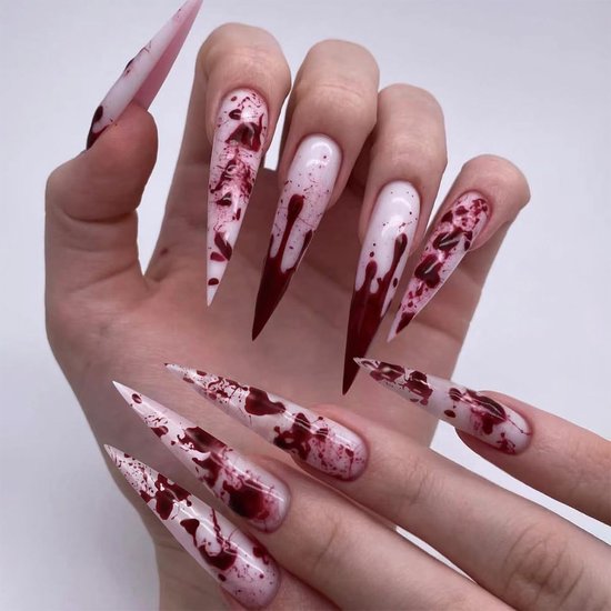 On Nails Lang, Stiletto Halloween Wit Rood Snede Bloed Druppel Horror Creepy Nep Nagels met Nagellijm, Rode Vampier Bloed Eng Kunstmatige Vingernagels
