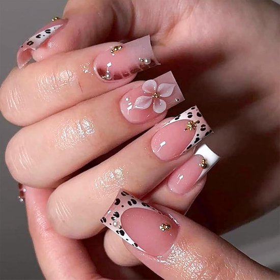 On Nails Medium Square Nude Rosa Gouden Parel Sterren Patroon, Kunstnagels Voor Het Plakken Volledige Bedekking, Fake Tips Met Bloemen & Luipaard Motieven