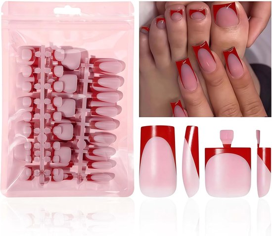 On Nails Set, 60 stuks nagels om op te plakken en tenen nagel tips voor dames, bruiden, beginners voor bruiloft, kantoor, party manicure, rood French (vierkant)