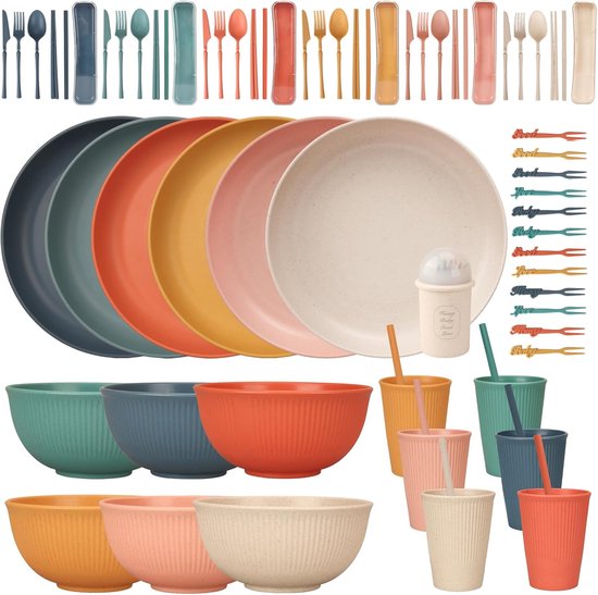 Onbreekbare serviesset voor 6 personen, 66-delig campingservies, set plastic servies, picknick, serviesset, licht, kleurrijk, grill, kunststof, serveerborden, kommen, bestekset van Merkloos