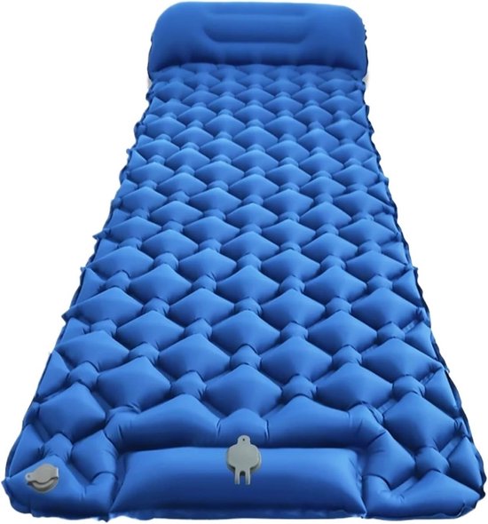 Oneay Opblaasbaar kampeermatras met geïntegreerd kussen – Ultralichte slaapmat met ingebouwde pomp – Compact en draagbaar slaapmatje voor kamperen, wandelen en backpacken - Blauw van Merkloos