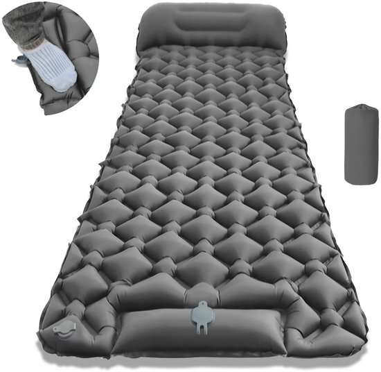 Oneay Opblaasbaar kampeermatras met geïntegreerd kussen – Ultralichte slaapmat met ingebouwde pomp – Compact en draagbaar slaapmatje voor kamperen, wandelen en backpacken - Grijs van Merkloos