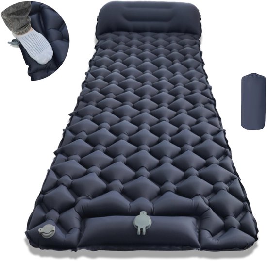 Oneay Opblaasbaar kampeermatras met geïntegreerd kussen – Ultralichte slaapmat met ingebouwde pomp – Compact en draagbaar slaapmatje voor kamperen, wandelen en backpacken - Marineblauw van Merkloos