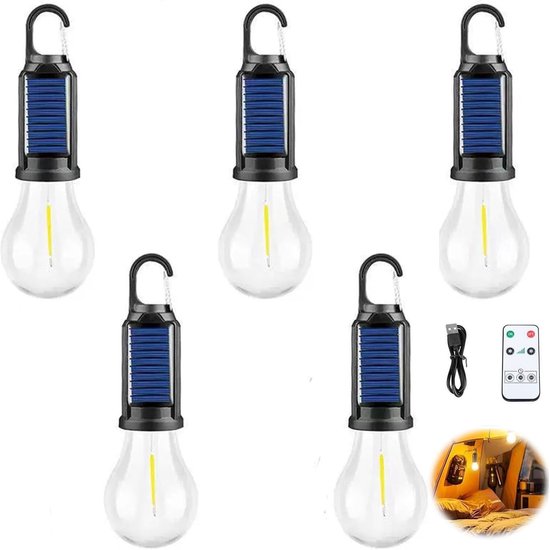Op zonne-energie werkende, oplaadbare campinglamp, 5 hangende LED-lampjes, USB-C opladen, IPX4 waterdicht, inclusief afstandsbediening, warm wit licht.