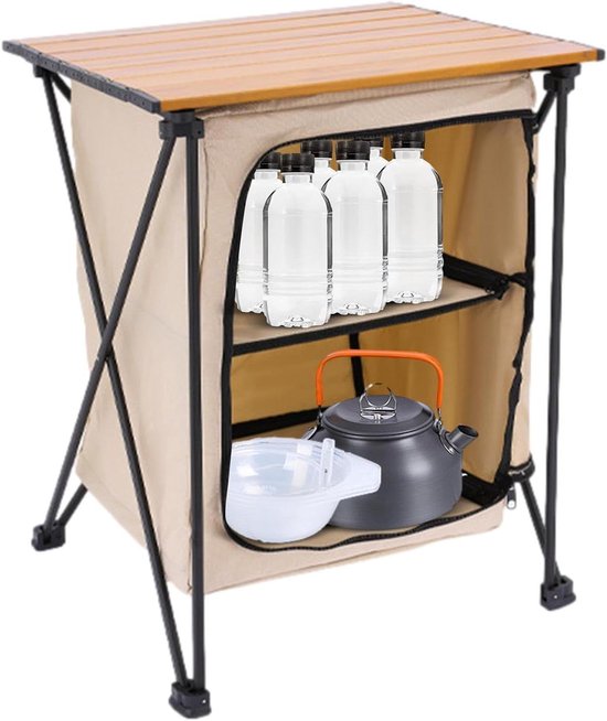 Opbergkast Camping - Keukenstation Tafel - Buiten Leven - Inklapbaar Ontwerp - 40x40x58 cm - Beige