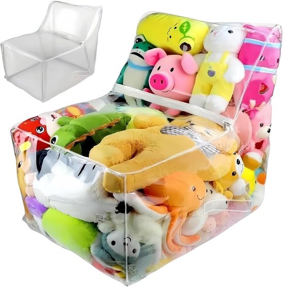 Opbergstoel Knuffels - Speelgoedzak Rits - Kinderkamer Organiseren - Leeshoek Functie - 60x60x45 cm - Transparant