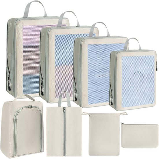 Opbergtas Set - Reisorganizers - Bagage Comprimeren - Waterdicht Nylon - Set van 8 - Beige