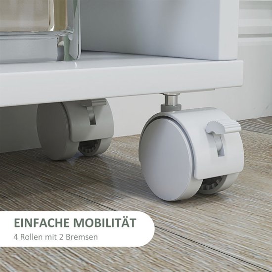 Opbergtrolley Smalle Trolley Keukentrolley Servertrolley Opberwwagen – Witte 45x15x91 cm – 4 Verdiepingen – 360° Zwenkwieltjes met Rem van Merkloos