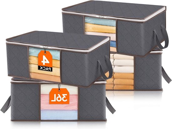 Opbergzakken Kleding - Opbergdozen Set - Ruimte Besparen - Ademend Materiaal - 4 Stuks 36L - Grijs