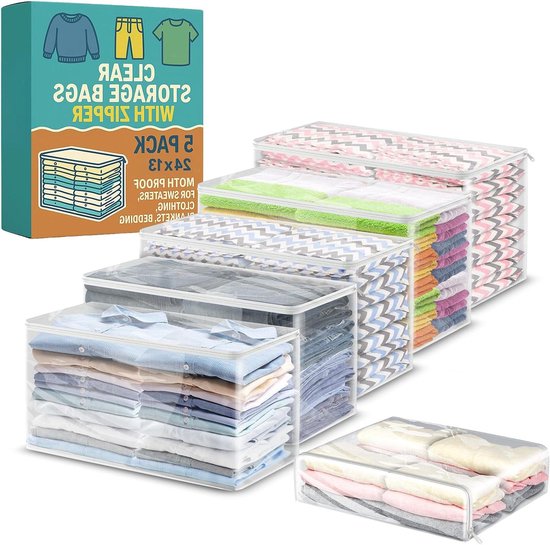 Opbergzakken met rits - Kleding opbergtas - Beddengoed opbergen - Transparant ontwerp - 5 stuks 24x13 - Transparant