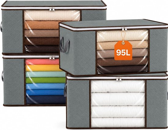 Opbergzakken Set - Opbergboxen Stof - Kleding Opbergen - Lichtgewicht Opvouwbaar - 4 x 95 Liter - Grijs