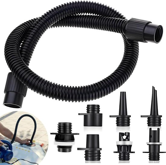 Opblaas Accessoires Set - Luchtpomp Slang - Water Sporten - Universele Compatibiliteit - 7 Mondstukken - Zwart