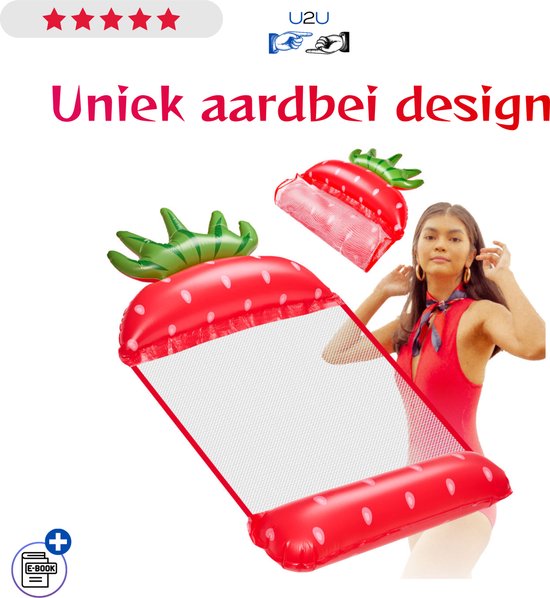 Opblaasbaar Aardbei Zwemmatras 140x70 cm - Waterhangmat met Mesh Net voor Zwembad Meer en Strand - Drijvende Lounger Stoel in Aardbei Design - Compact Opvouwbaar Watermatras tot 70 kg - Comfortabel Relaxen op het Water - Met Ebook