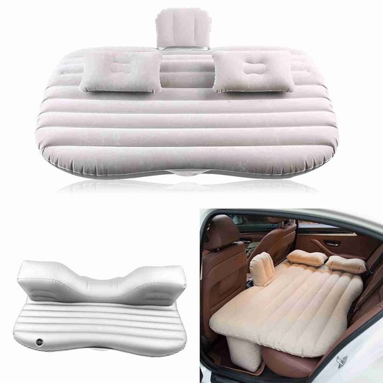 Opblaasbaar Auto Luchtbed voor Achterbank 85×136 cm, PVC Luchtmatras met Flocklaag in Zilvergrijs, Inclusief 12V Elektrische Pomp & Kussens, voor Reizen & Kamperen van Merkloos