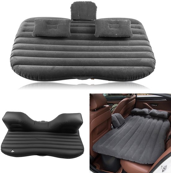 Opblaasbaar Auto Luchtbed voor Achterbank 85×136 cm, PVC Luchtmatras met Flocklaag in Zwart, Inclusief 12V Elektrische Pomp & Kussens, voor Reizen & Kamperen van Merkloos