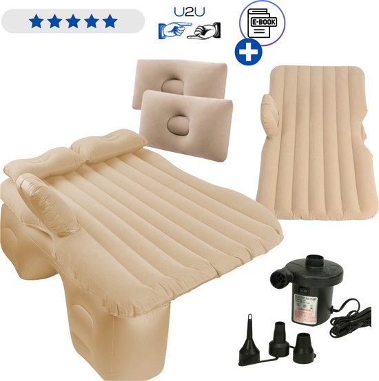 Opblaasbaar Automatras 130x80 cm - Auto Luchtbed voor Achterbank met Elektrische Pomp en Kussens - Reis Matras voor Kamperen Roadtrip Vakantie en Autocamping - Velours Slaapmat met Draagtas en Reparatieset - Belastbaar tot 300 kg Met Ebook van Merkloos