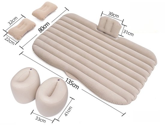 Opblaasbaar automatras - Eenpersoons opblaasmatras (135x78 cm) - Inclusief 12V luchtpomp, kussen en krukje; geschikt voor de achterbank van gezinsauto's - Beige van Merkloos