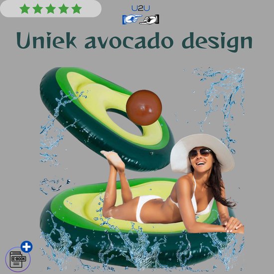 Opblaasbaar Avocado Zwemmatras XL 170 cm - Drijvend Zwem Matras met Opblaasbare Bal Pit - Watermatras voor Zwembad Strand Meer en Vakantie - Groot Opblaasbaar Luchtbed voor Kinderen en Volwassenen - Uniek Zomer Design van PVC - Met Ebook