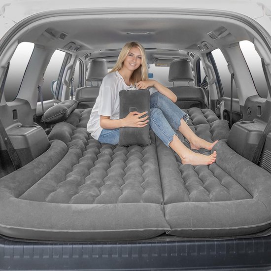 Opblaasbaar Bed voor Achterbank - 2-Persoons Auto Matras - Inclusief Pomp, Kussens & Opbergtas - Antraciet van Merkloos