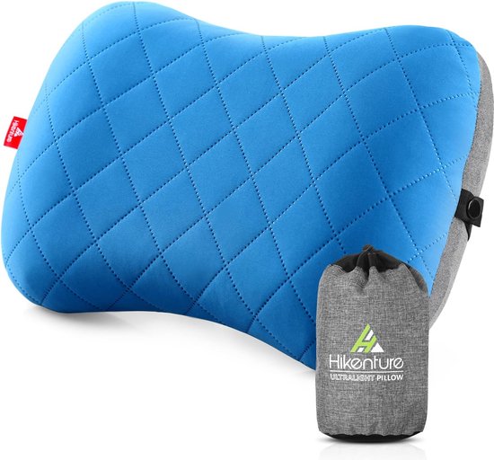Opblaasbaar camping/reiskussen met afneembare kussensloop, ergonomisch hoofdkussen, comfortabel nekkussen voor reis/outdoor, opblaasbaar reiskussen, blauw/zwart/grijs van CloudBreeze