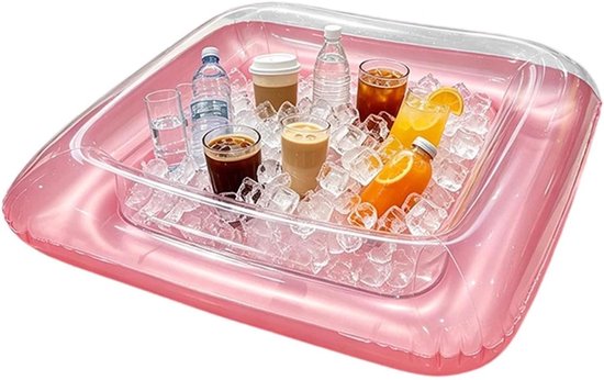Opblaasbaar dienblad - Drankkoeler bar - Feesten buiten - Met afvoerplug - 60x60cm - Transparant roze