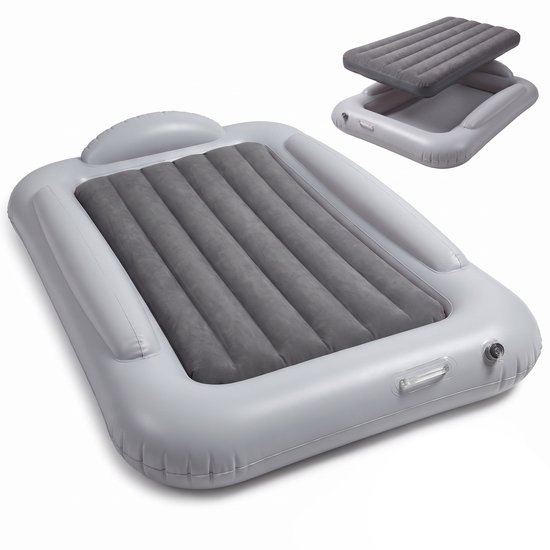 Opblaasbaar kinderreisbed - Verhoogde randen - Uitneembaar veloursachtig matras - 160 x 100 x 30 cm - Inclusief elektrische luchtpomp - PVC - Grijs