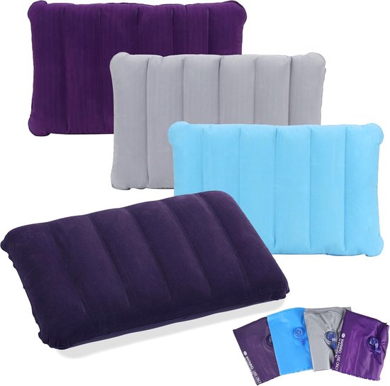 Opblaasbaar kussen, 4 stuks, campingreiskussen, luchtkussen, hoofdkussen, velours, comfortabel reiskussen voor in de auto, voor camping en reizen, van zacht materiaal van Merkloos