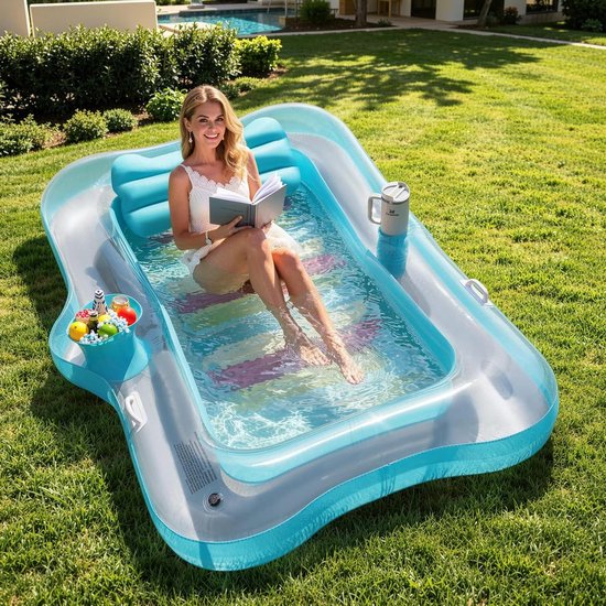Opblaasbaar Loungemeubel - Luchtbed Zonnen - Ontspannen in water - Met bekerhouder - 210x128cm - Mintgroen en Zilver