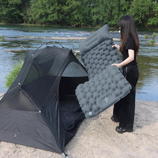 Opblaasbaar Luchtbed - Slaapmat Kamperen - Buiten Ontspannen - Ingebouwde Voetpomp - 200 x 62 cm - Koel grijs