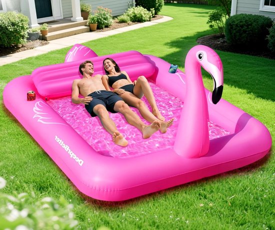 Opblaasbaar Luchtbed - Zwemband Flamingo - Ontspannen in Water - Met Kussen Bekerhouders - 205 x 150 cm - Roze