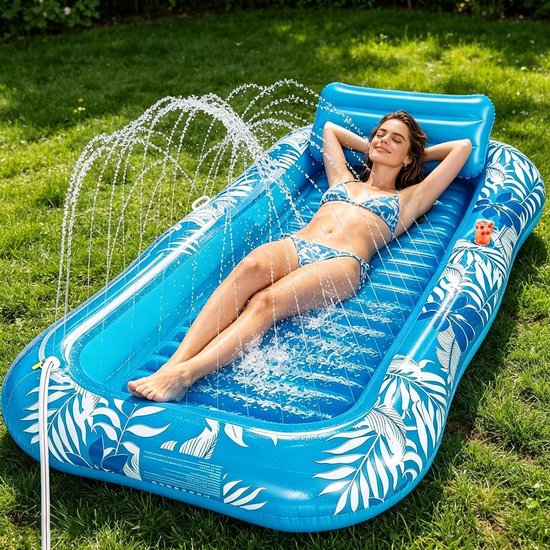 Opblaasbaar luchtmatras voor het zwembad met rugleuning, bekerhouder en sproeier voor ultiem zomerplezier