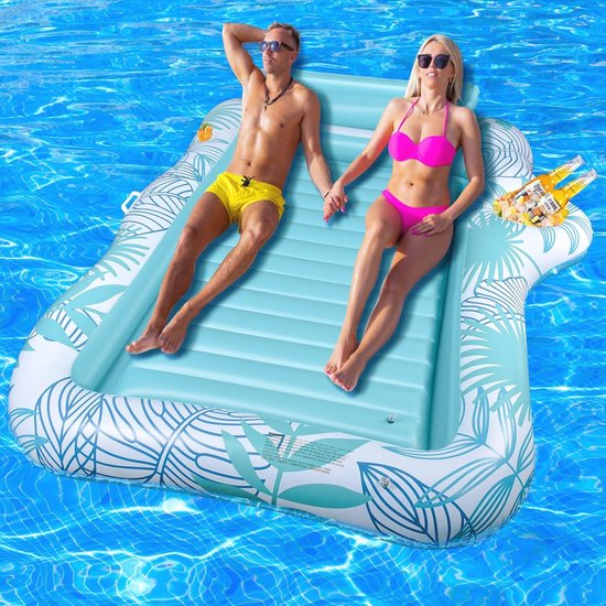 Opblaasbaar Luchtmatras voor Zwembad met Hoofdsteun en Bekerhouder - Dubbel Deluxe Tanning Hangmat voor Volwassenen van Intex