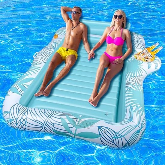Opblaasbaar luchtmatras, zwembad, dubbel deluxe tanning zwembad, grote waterhangmat voor volwassenen, opblaasbaar zonnezwembad met hoofdsteun en bekerhouder voor zomer, zwembad, strand van Merkloos