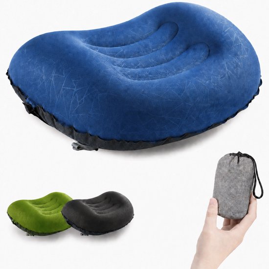 Opblaasbaar Reiskussen - Kampeer Kussen - Lichtgewicht Nekkussen - Compact Hoofdkussen met Draagtas - Donkerblauw
