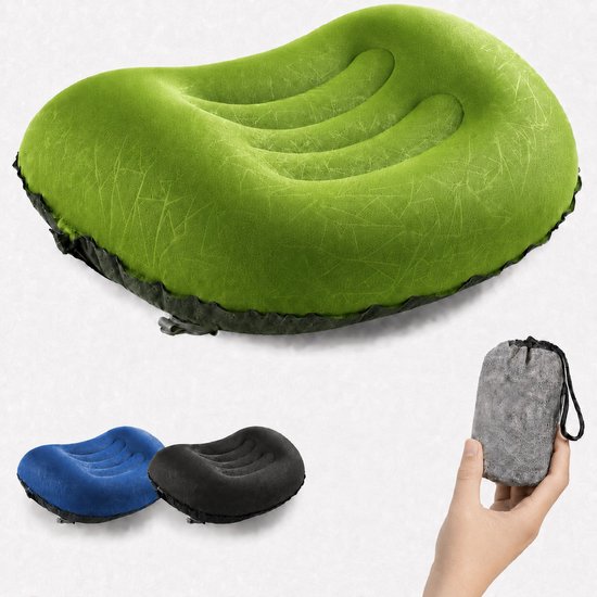 Opblaasbaar Reiskussen - Kampeer Kussen - Lichtgewicht Nekkussen - Compact Hoofdkussen met Draagtas - Groen