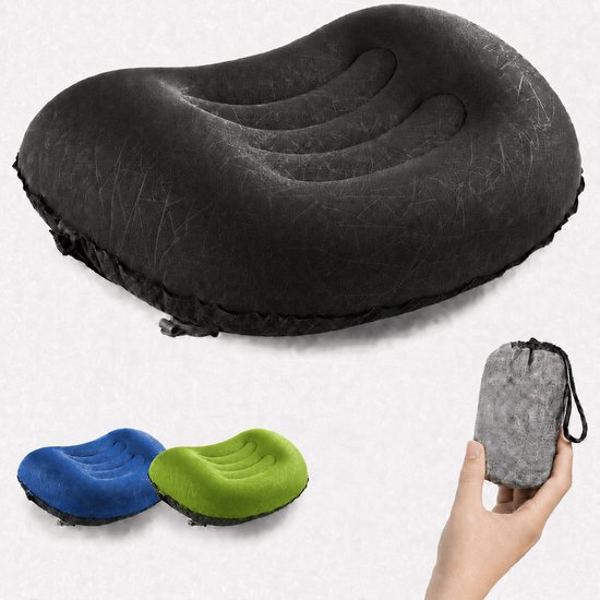 Opblaasbaar Reiskussen - Kampeer Kussen - Lichtgewicht Nekkussen - Compact Hoofdkussen met Draagtas - Zwart