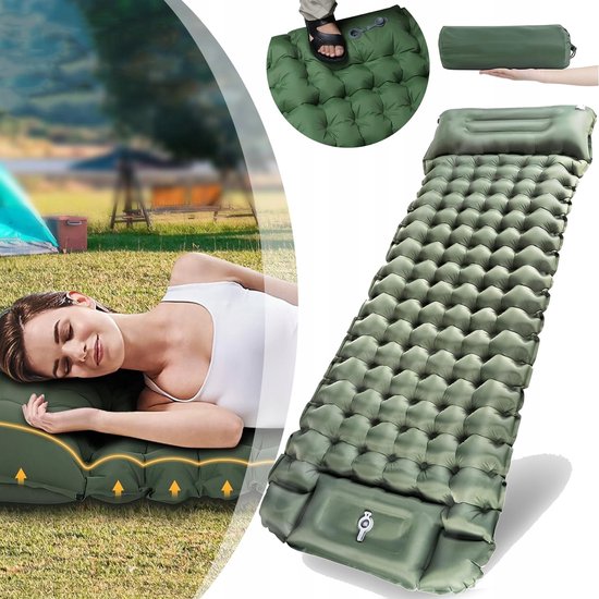 Opblaasbaar Slaapmatje - Geen Luchtpomp Nodig - 40D Nylon TPU - Eiergroefontwerp - Dubbellaags Ventiel - Draagbaar Campingluchtmatras - 200x70x10cm - Donkergroen