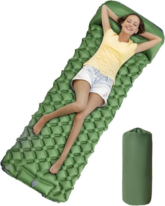 Opblaasbaar slaapmatje - Kampeerluchtbed - Kamperen en wandelen - Snel opblazen 30 sec - 190x60cm uitgevouwen - Legergroen van Merkloos