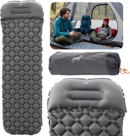 Opblaasbaar slaapmatje met kussen, grijze matras, slaapmat met hoes 190x56x5.5 cm van Merkloos
