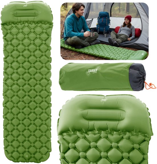 Opblaasbaar slaapmatje met kussen, groene matras, slaapmat met hoes 190x56x5.5 cm van Merkloos