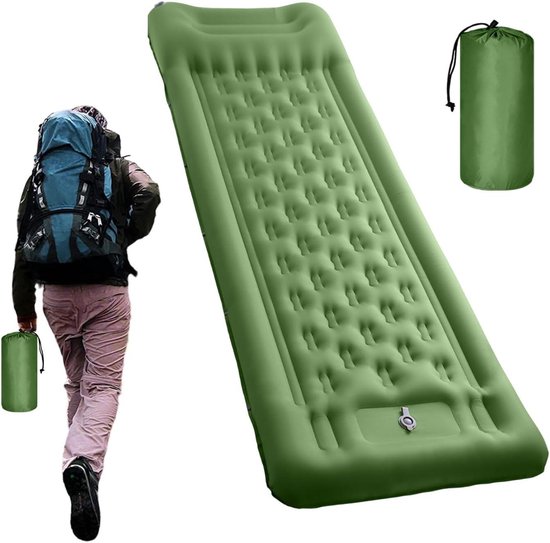 Opblaasbaar Slaapmatras - Kampeer mat - Buiten slapen - Geïntegreerde voetpomp - 10 cm dik - Olijfgroen