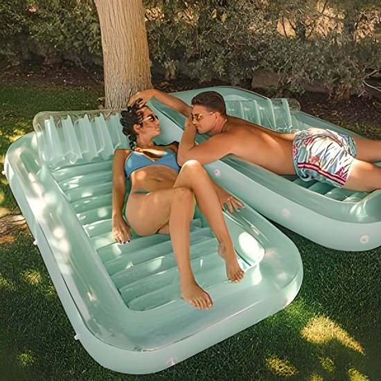 Opblaasbaar Tanning Bed XL – Luxe Zwembadluchtbed 200x140 cm – Float met Waterkoeling, Bekerhouders & Hoofdsteun – Opblaasbare Lounger voor Zwembad & Tuin