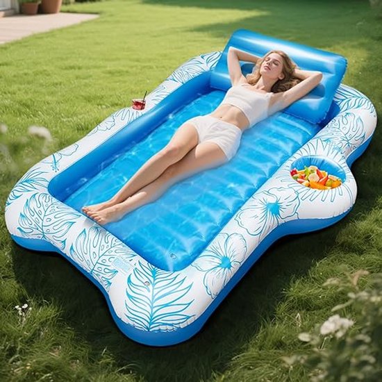 Opblaasbaar zwembad, 180 × 120 cm, met afneembaar nekkussen, 2 bekerhouders, ergonomische geribbelde basis, multifunctioneel badeiland voor tuin, strand, meren van Jilong