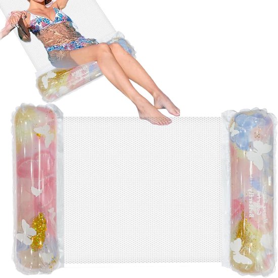 Opblaasbaar zwembad - Drijvende stoel - Zonnen en relaxen - Glitter design - 127x67cm - Roze vlinder